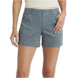 SPANX Stretch Twill Shorts Hazy Grey Sz L 5" Inseam Pull-On Rolled Hem Pockets